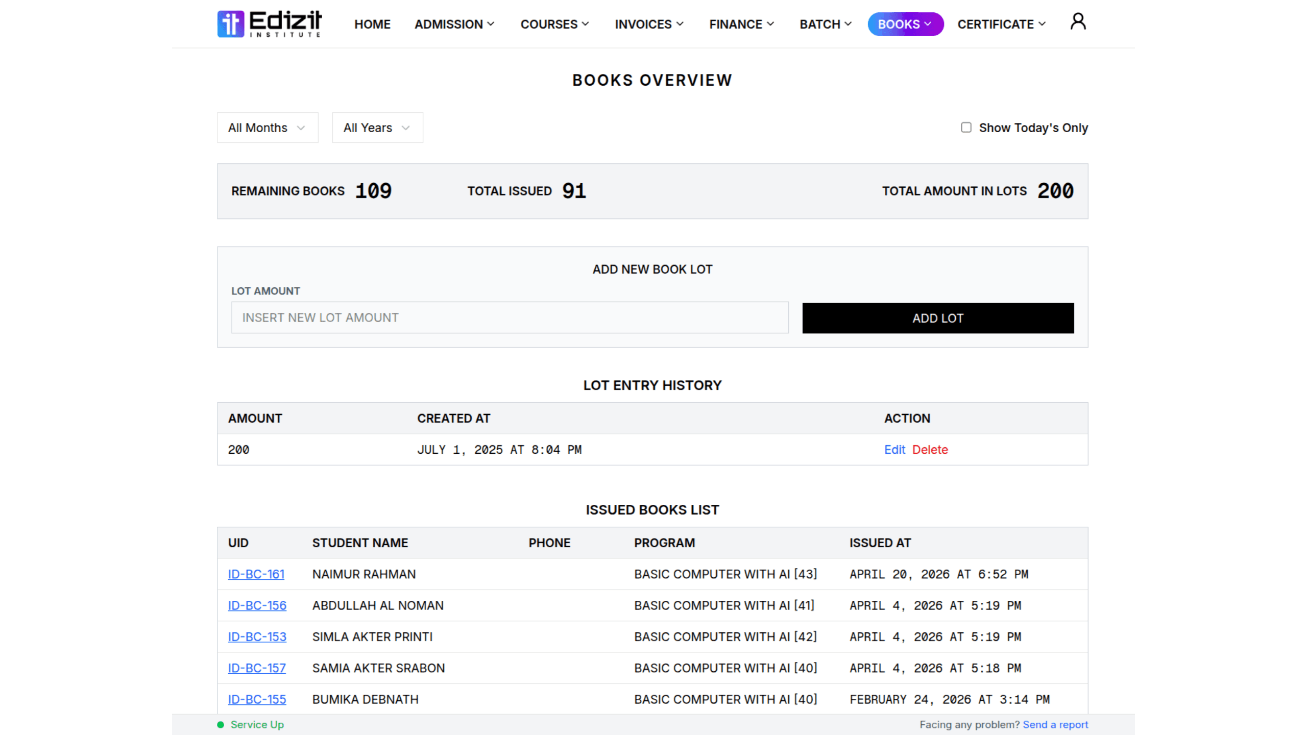 Admin Dashboard for Edizit Institute